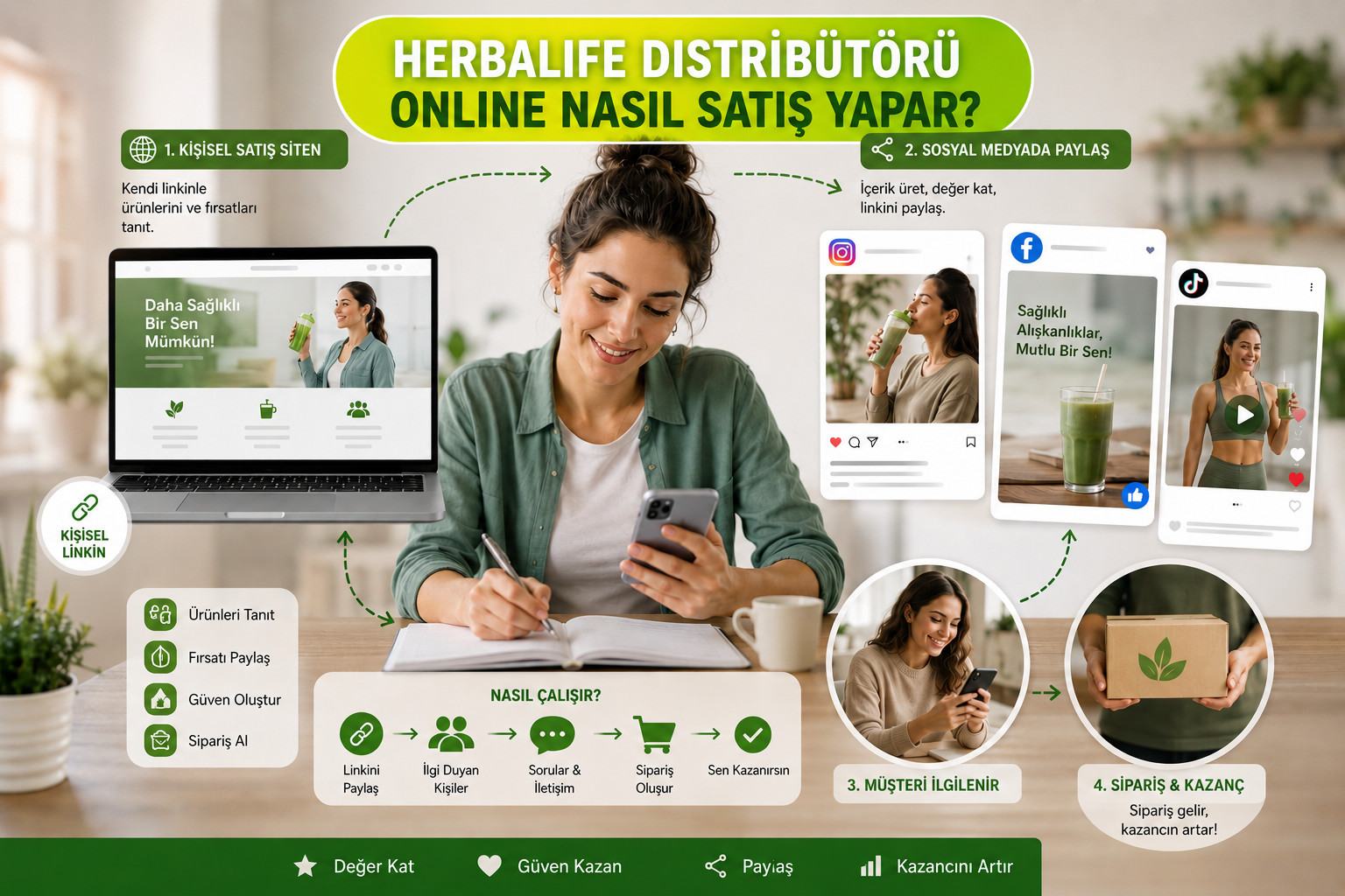 Herbalife distribütörü bilgisayar başında online satış yapıyor, dijital pazarlama stratejisi