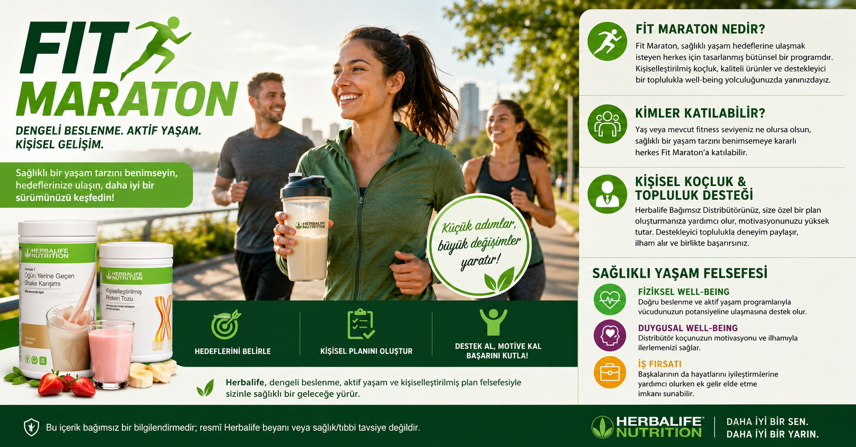 Fit Maraton katılımcıları birlikte aktif yaşam tarzını benimserken Herbalife ürünleriyle dolu bir masanın etrafında neşeyle bir araya gelmiş.