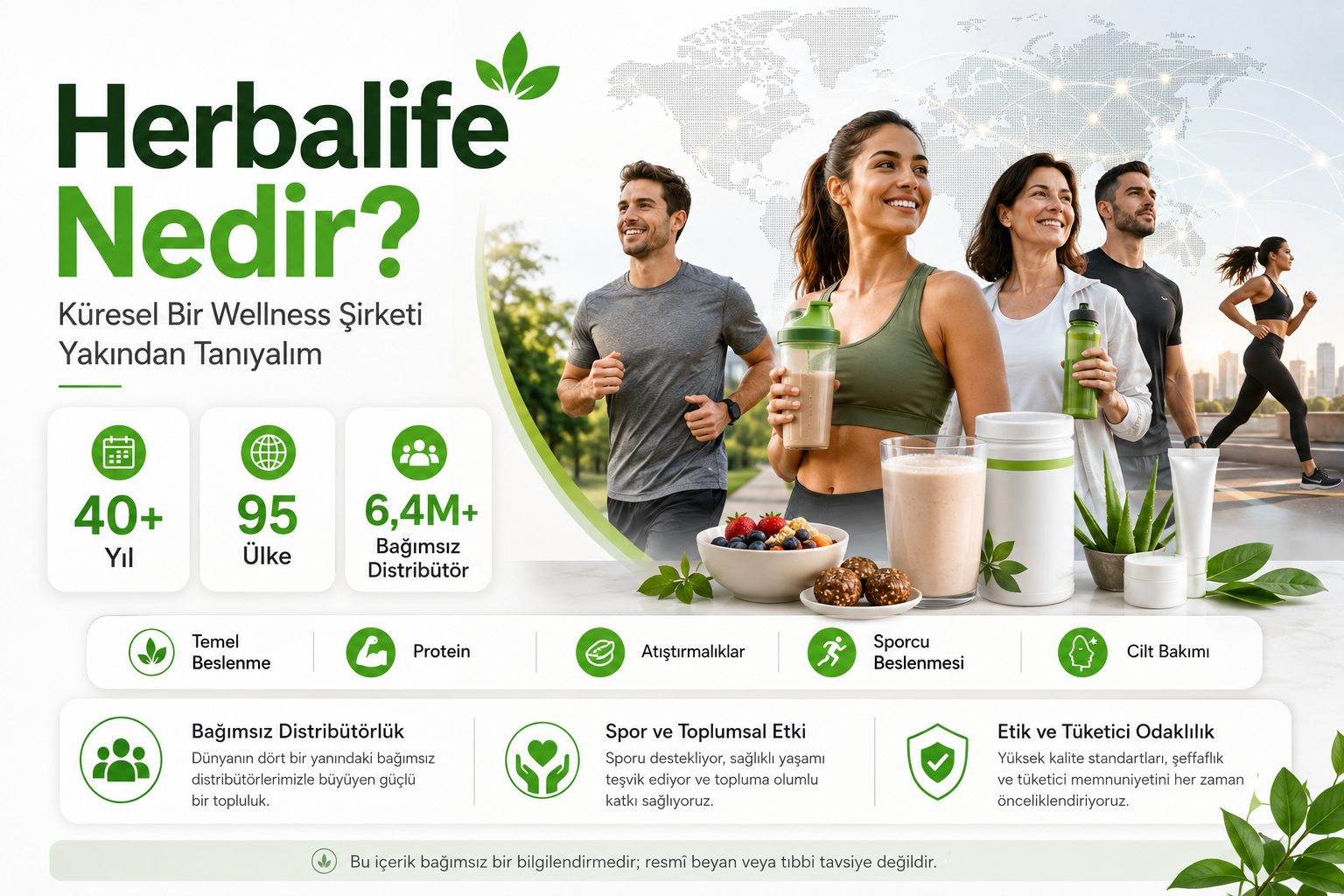 Herbalife markasının logosu ve çeşitli Herbalife ürünlerinin yer aldığı, sağlıklı ve enerjik bir yaşam tarzını çağrıştıran kompozit bir görsel.