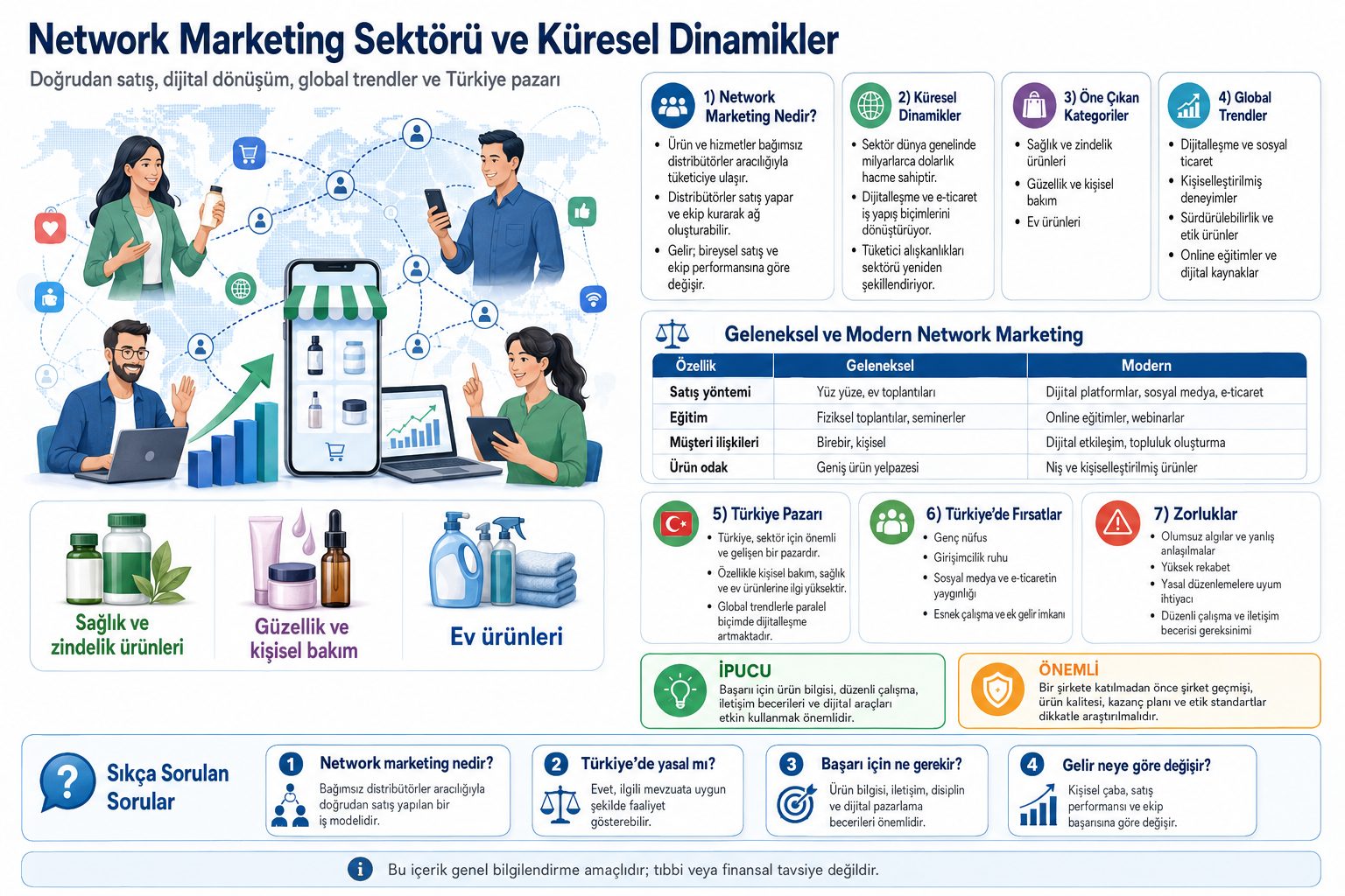 Dünya haritası üzerinde yükselen iş grafikleri ve bağlantı ağları gösteren bir infografik, network marketing sektörünün küresel büyümesini simgeliyor.